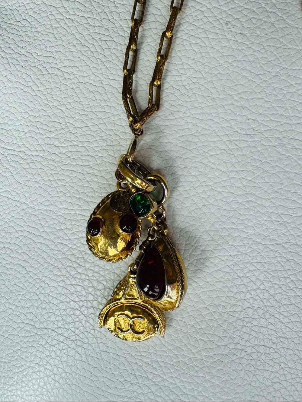 Chanel 24K Gold Plated Gripoix Fidget Multi-Pendant Necklace w/ Unique chain COA